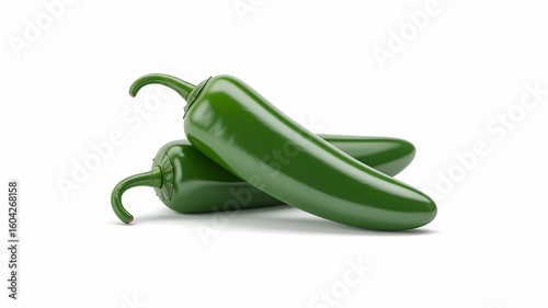 Two vibrant green jalapeno peppers isolated on a white background, showcasing their fresh and healthy appearance