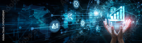 Canvas Print Sales strategist holding global network and increasing sales strategy, CRM automation conversion funnel marketing optimization engagement analytics performance growth, and customer targeting