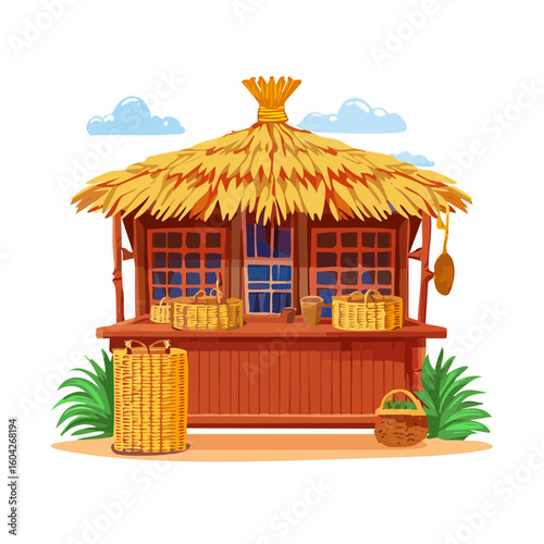 Cartoon Market Stall with Baskets and Thatched Roof