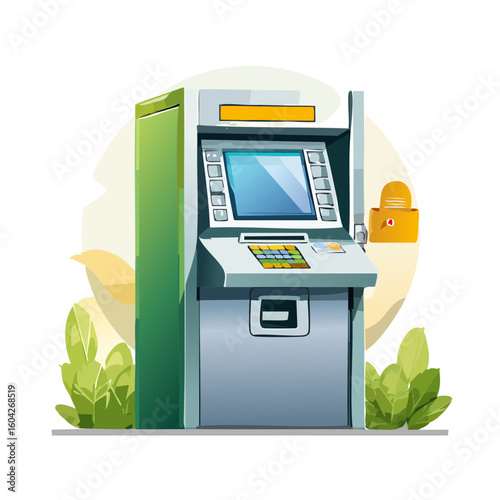 Vibrant Vector Illustration of an ATM Machine with Surrounding Greenery
