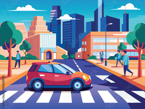 Red car crossing street in city people