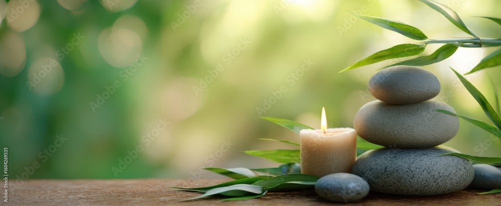 Obraz premium The serene arrangement of stones and candle for peaceful meditation ambiance.