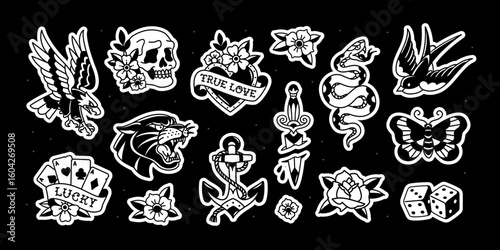 Classic Traditional Tattoo Style: Black and White Stickers of Old-School Animals, and Lucky Symbols as skulls, eagle, snake, panther, playing cards, anchor, bird, and flowers. Editable vector