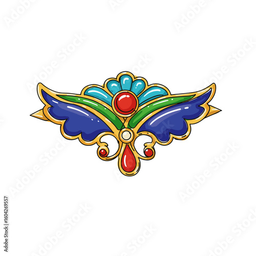 Colorful enamel brooch design with abstract floral elements  