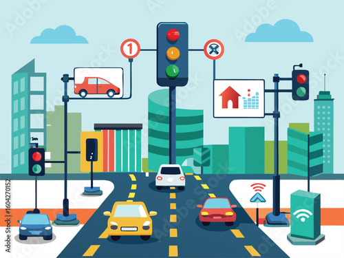 Smart traffic intersection with cars and buildings traffic lights city