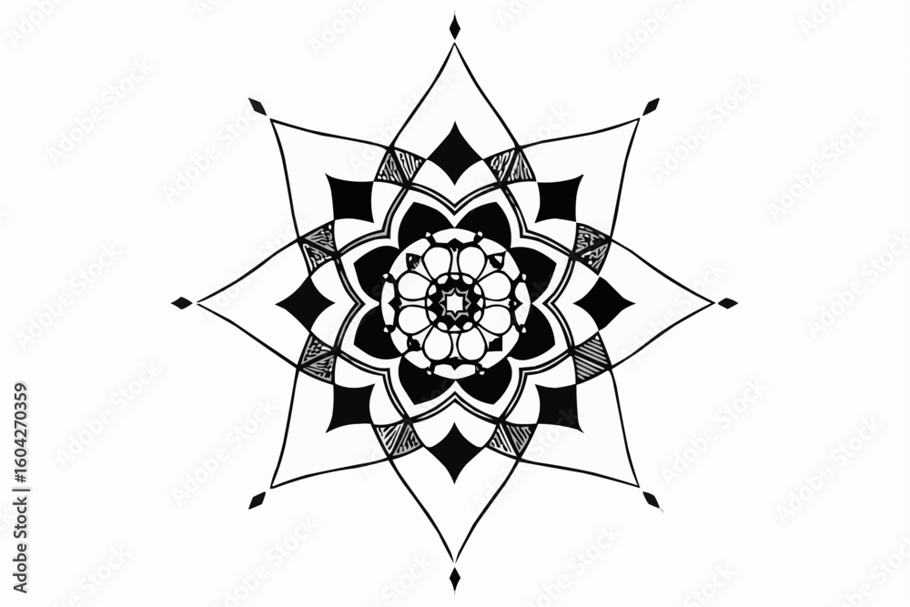 Fototapeta premium A symmetrical mandala design featuring geometric shapes and intricate patterns in black and white color