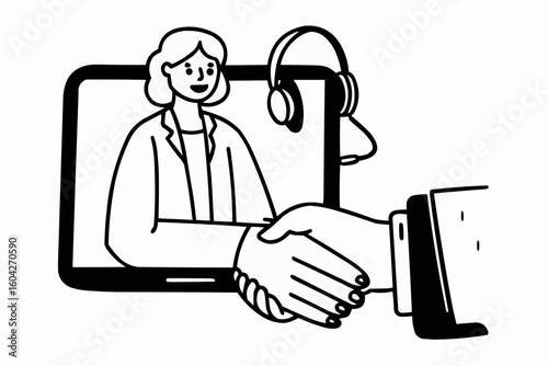 Woman on screen with headset shaking hands representing business deal on video call with tablet device