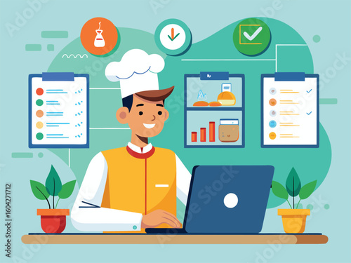 Chef managing restaurant orders on laptop with checklist and icons management