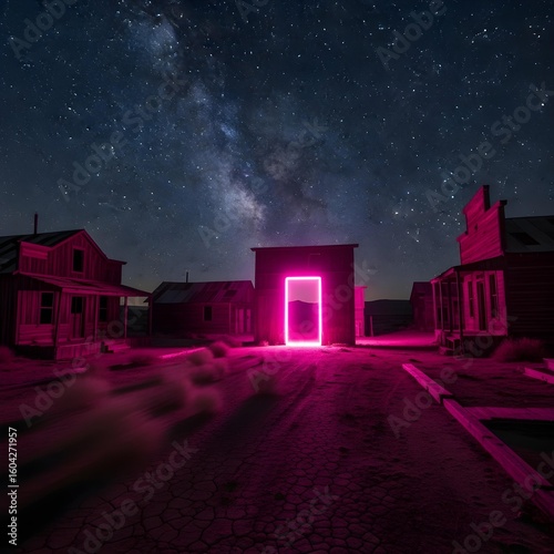 A surreal and atmospheric image of a glowing pink portal standing alone in a dark desert landscape under a starry night sky