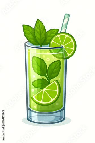Hand-drawn illustration of a green mojito in a tall glass with lime slices, mint leaves, and a straw on a white background.