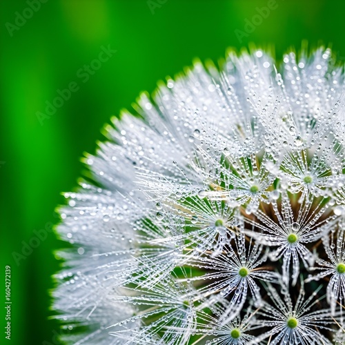 Closeup of Dandelion Seed Head with White Fluff and Brown Core on Green Background
