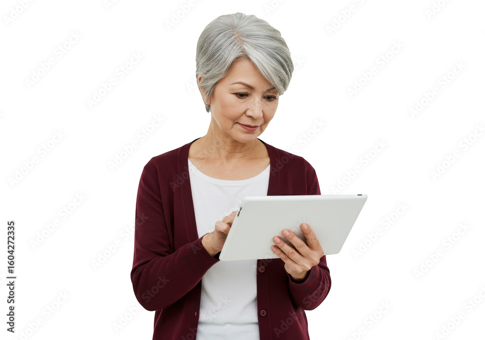 An elegant senior asian woman uses a tablet browsing content against a An elegant senior asian woman uses a tablet browsing content against a
