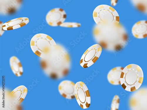 White gold casino chips falling seamless pattern isolated on blue background in different positions. Poker endless texture with falling golden defocused blur elements