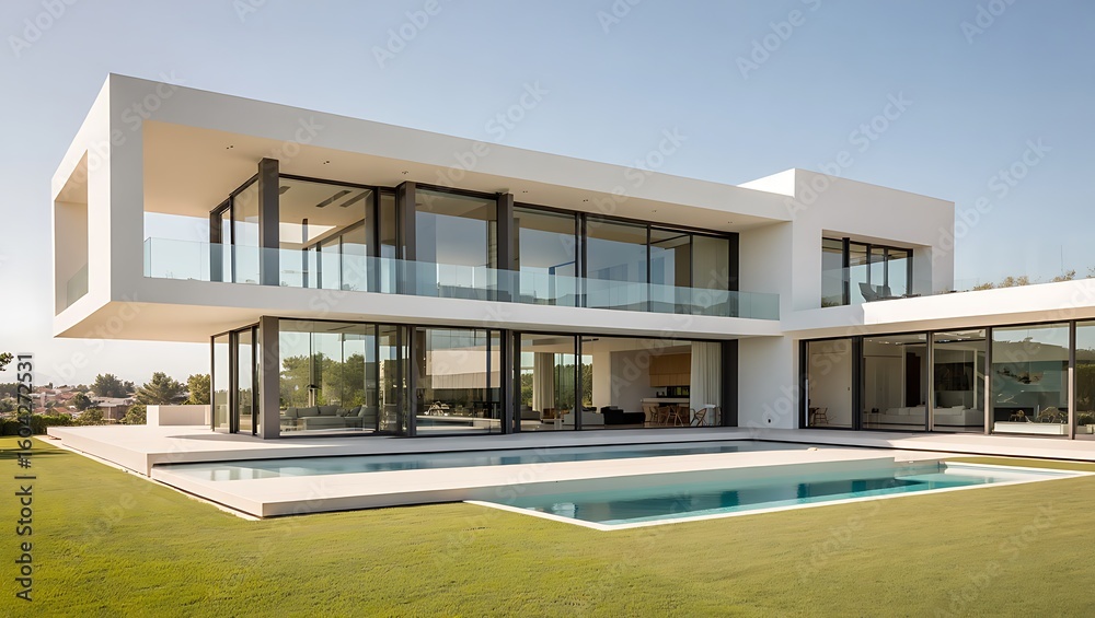 Fototapeta premium Modern Luxury Villa with Swimming Pool and Open Floor Plan Design Ideal Real Estate Investment and Architectural Showcase