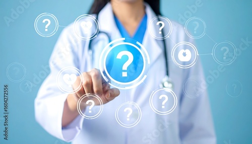 Doctor interacting with digital interface displaying medical inquiries and solutions