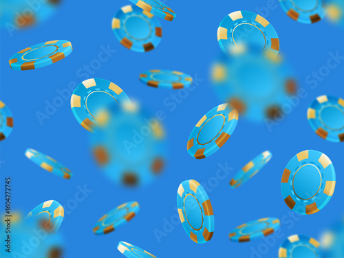 Blue gold casino chips falling seamless pattern isolated on blue background in different positions. Poker endless texture with falling golden defocused blur elements