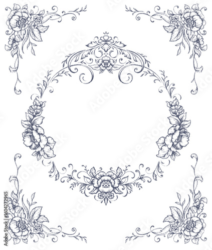 Vintage vector frame with a lot of floral elements, dividers, corners. Retro Victorian style.