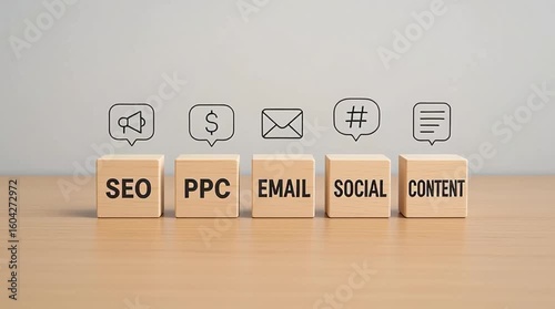 Digital marketing strategy with SEO PPC email social content icons on wooden blocks representing online advertising campaign and communication planning concept