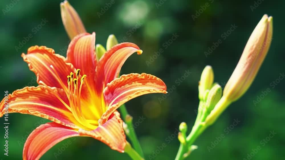 A vibrant orange lily, partially open, with buds against a blurred green background A vibrant orange lily, partially open, with buds against a blurred green background