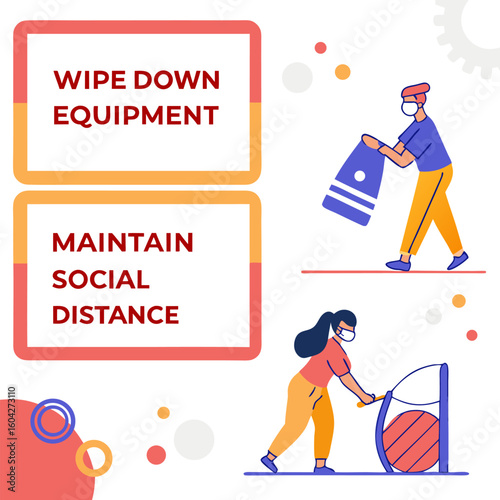 Illustration showing people wearing masks and maintaining social distance while working out in a gym setting