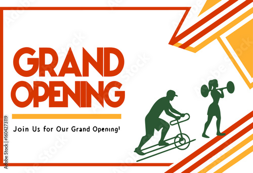 Grand opening announcement with fitness silhouettes, orange and yellow accents, and promotional messaging displayed