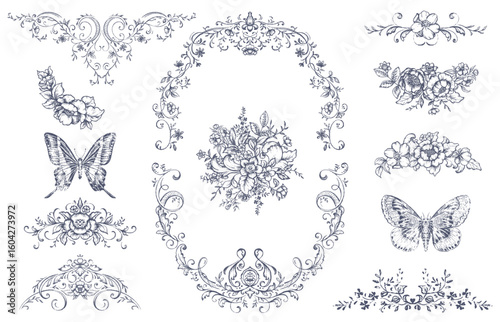 Set of vintage vector dividers, corners borders. Floral elements, butterflies. Retro Victorian style.