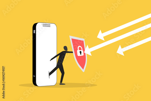 Businessman protect from a smart phone with a shield