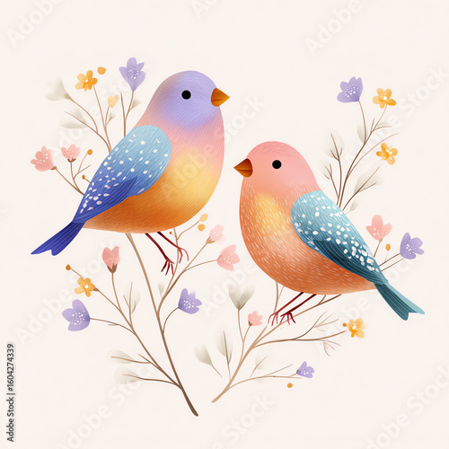 Three colorful finches birds sitting on flower branches cute illustration