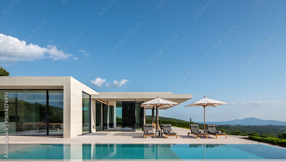 Obraz premium Modern Villa with Swimming Pool and Stunning Landscape Architecture Featuring Comfortable Lounge Chairs and Umbrellas Under Clear Blue Sky