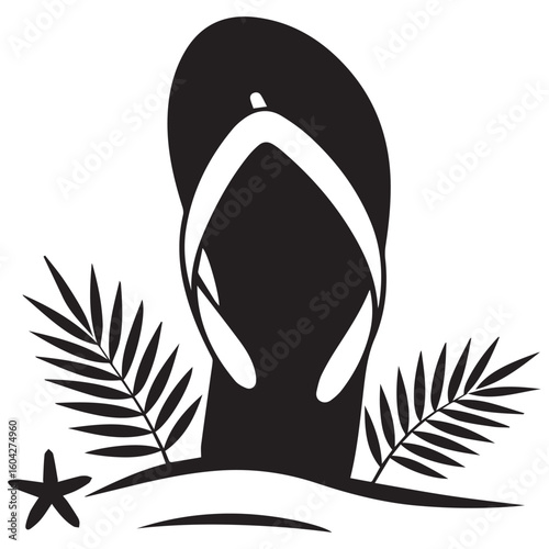 Black flip flop on sandy beach with palm leaves and starfish illustrating a tropical summer vacation