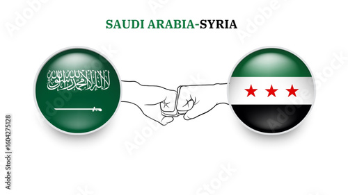 Saudi Arabia and syria flags in circle with punches hand. Saudi Arabia And syria clash. Saudi Arabia And syria flags, isolated on white background. Vector icon set. Vector illustration.