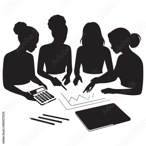 Diverse group of women collaborating around a table with a calculator tablet and papers symbolizing teamwork and business