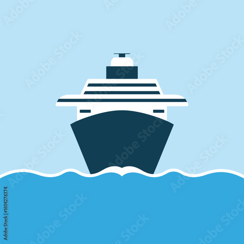 Flat Icon Design Blue and White Cruise Ship Sailing on Calm Blue Ocean Water Simple Minimalist Style Vector Graphic