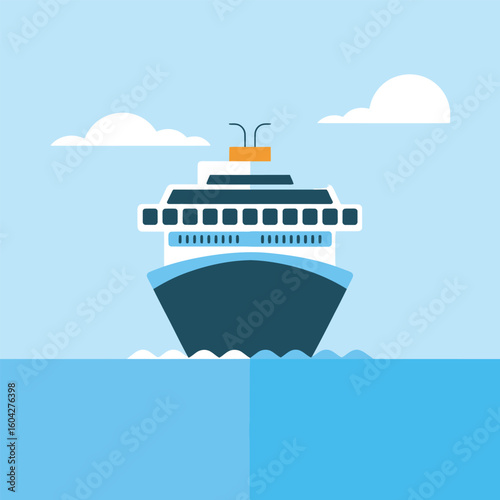 Flat Icon Design Blue and White Cruise Ship Sailing on Calm Ocean Water Under a Light Blue Sky with Simple White Clouds Minimalist Style