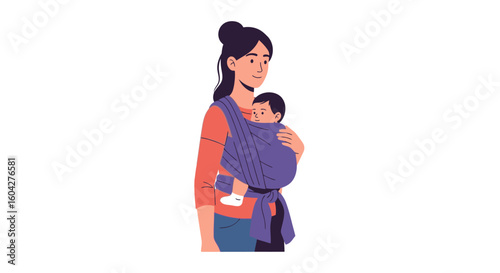 Loving mother securely carries happy baby in comfortable sling for effortless bonding and freedom. Happy mothers day