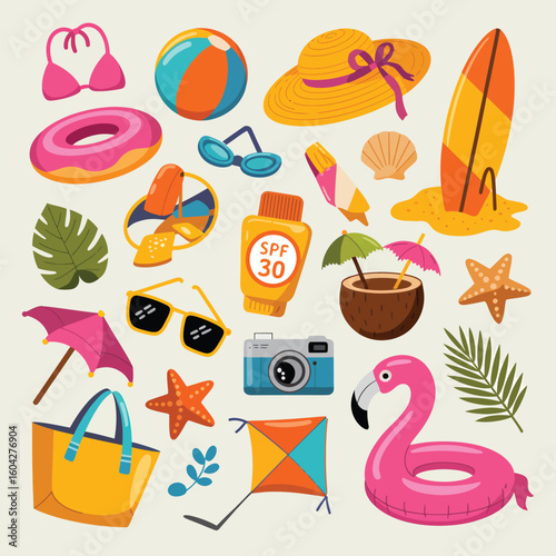 Flat vector illustration of assorted summer beach vacation items including inflatable flamingo beach ball sunglasses sunscreen coconut drink