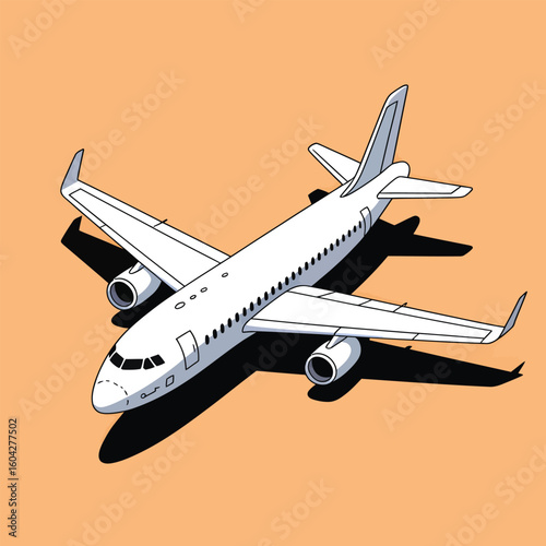 Isometric Vector Illustration of a White Passenger Airplane on a Peach Background Casting a Shadow