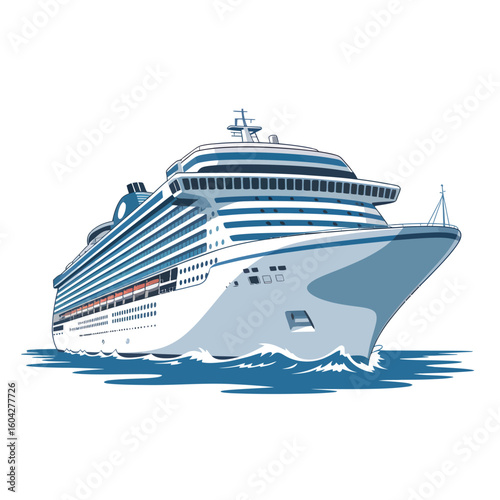 Large White Cruise Ship with Blue Decks Sailing on Calm Blue Water Ocean Vessel Travel Transportation Maritime Industry Icon Graphic Illustration