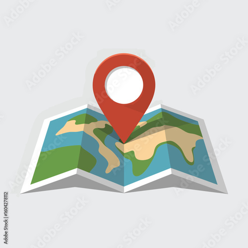 Red Location Pin Icon on Folded World Map Illustration Green Beige Blue Colors Flat Style 2 D Vector Graphic Design