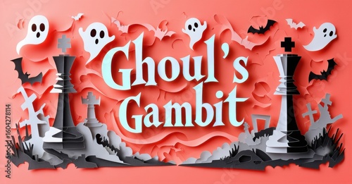 Papercraft style image features chess pieces, ghosts, bats. Text reads Ghouls Gambit against spooky background. Halloween theme present.