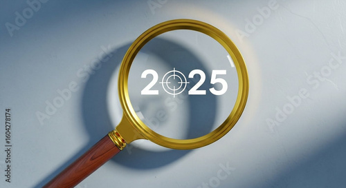 Magnifying glass focusing on the year 2025 with a target symbol