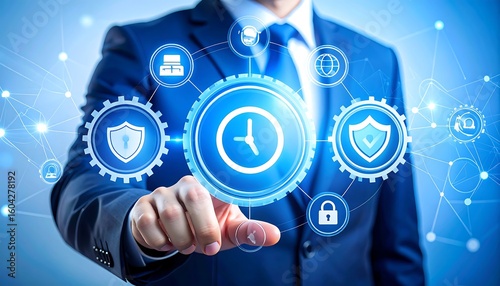 Businessman touching digital interface showcasing security and time management system