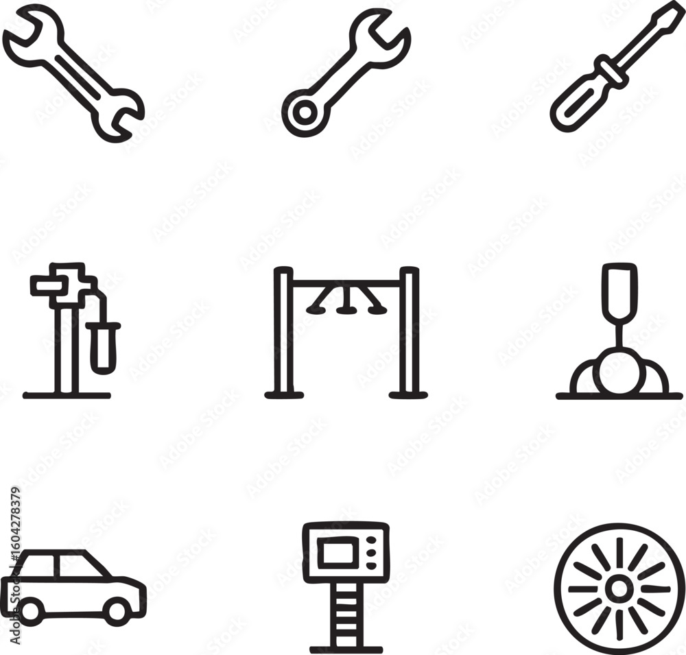 Fototapeta premium Car repair vector icon set outline style,editable stroke wrench,screwdriver,car lift,car wash,wheel,diagnostic tool,vehicle maintenance icon set