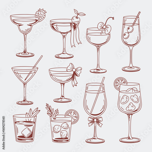 Ten Red Monochrome Hand Drawn Cocktail Glass Illustrations Featuring Various Drinks Garnishes and Styles Martini Coupe Highball and Rocks Glasses
