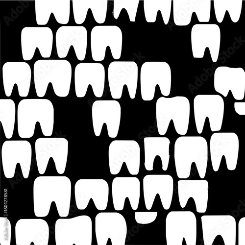 Pattern of white teeth on a black background creating a dental themed design and abstract illustration