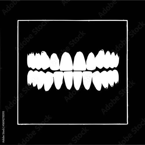 Monochrome image of two rows of teeth inside a white square against a black background display dental health