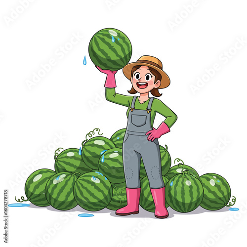 Happy Farmer Holding a Fresh Watermelon with a Pile of Watermelons