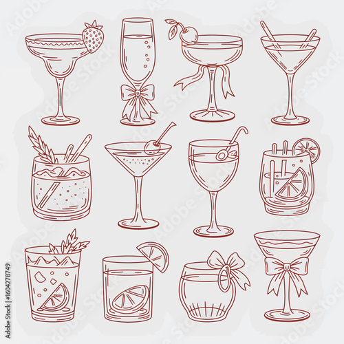 Twelve Red Monochrome Line Drawings of Various Cocktails and Mixed Drinks Including Martini Glasses Champagne Flutes and Old Fashioned Glasses