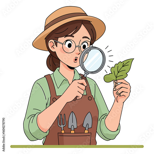 Young Botanist Examining Leaf with Magnifying Glass Detailed Botanical Study