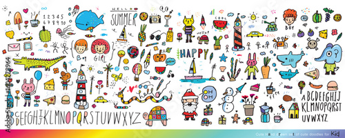 Collection of cute doodle handwritten decorative design elements, hand drawn in trendy doodle style - animals, plants, symbols. Colorful vector illustration